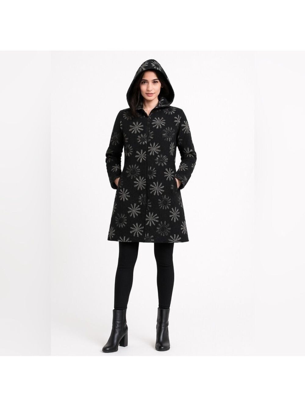 Desigual Hooded Fall Winter Pea Coat Embroidered Mid Length Zip Up Mid-Weight, M